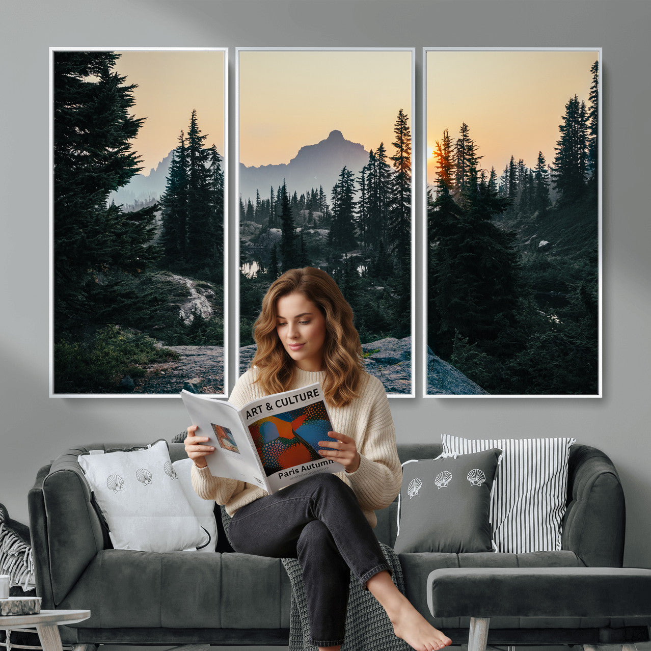 89996020-MGV-CV-36X24 - Mountain Forest Canvas Wall Art Print, Pine Tree Landscape, Sunset Nature Photography, Wilderness Wall Decor, Ready to Hang