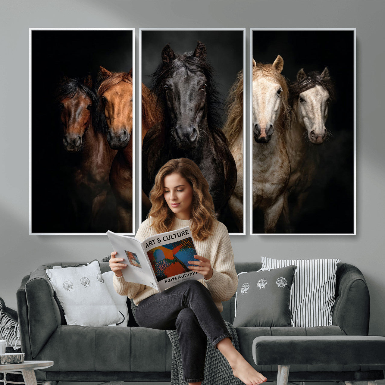 77696206-MGV-CV-36X24 - Horse Wall Art Canvas Print, Wild Horses Portrait Photography, Animal Horse Decor, Black Brown White Horse Herd, Rustic Ranch Art