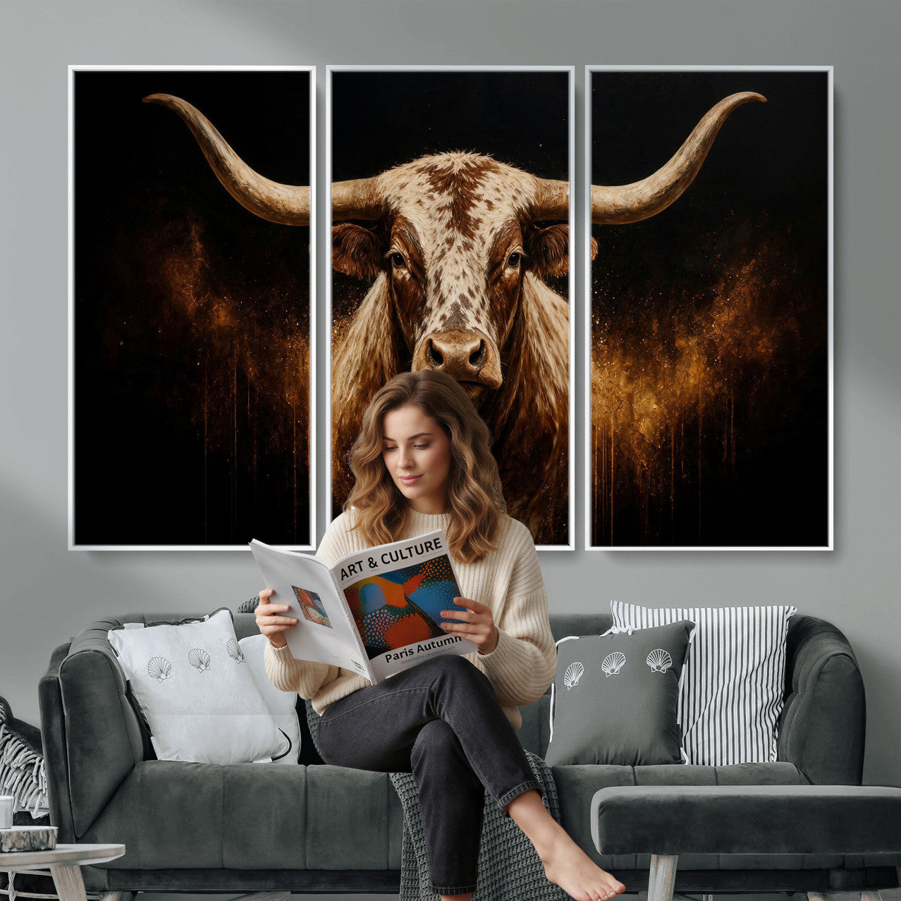 62076449-MGV-CV-48X32-3P - Texas Bull Cow Longhorn Canvas Wall Art Moody Western Bull Oil Painting Print