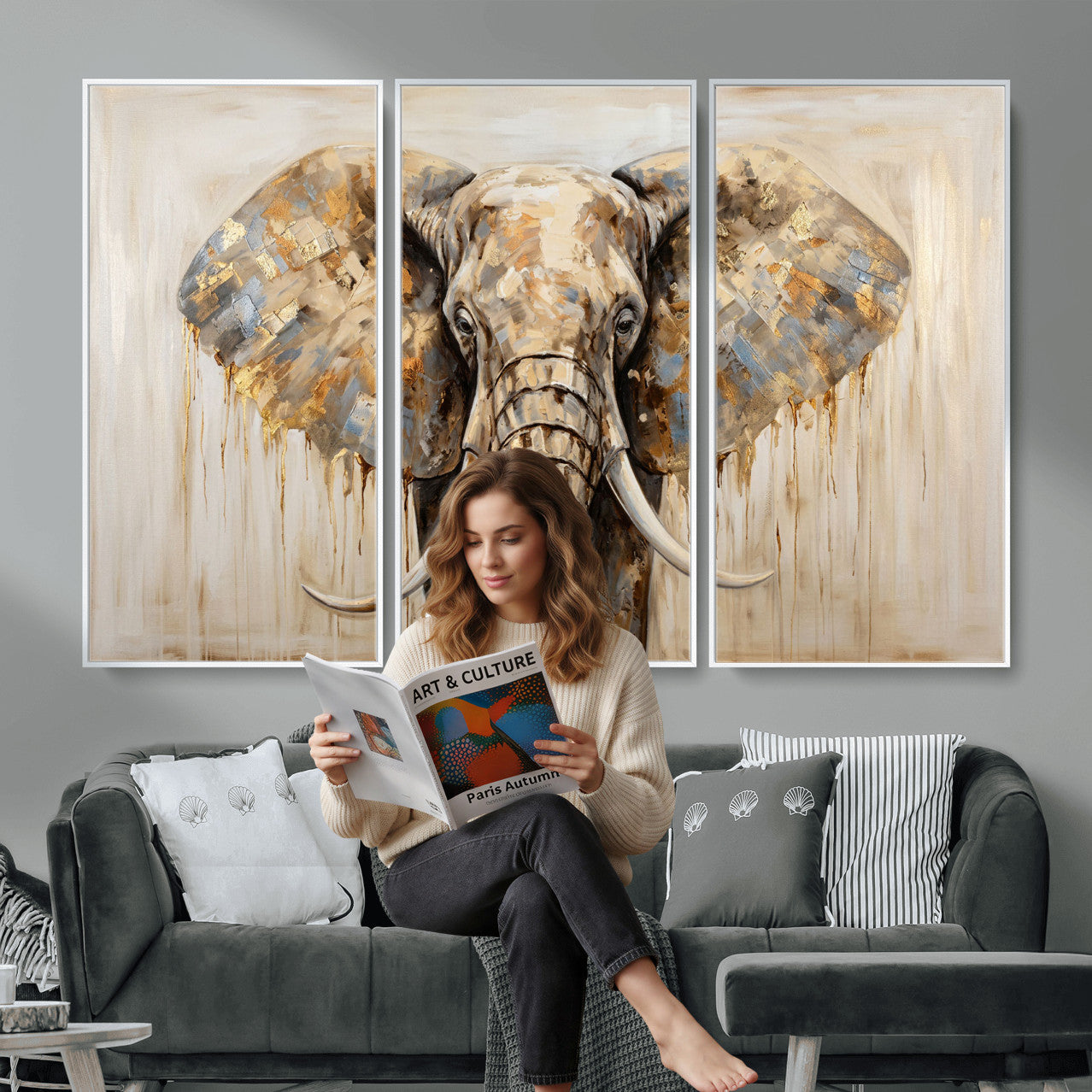 95819221-MGV-CV-36X24 - Gold Leaf Elephant Canvas Wall Art Abstract African Wildlife Painting Print