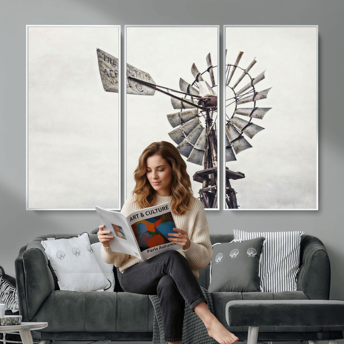 63200638-MGV-TP-24X36 - Vintage Rustic Farmhouse Windmill Canvas Wall Art - Western Country Landscape Print