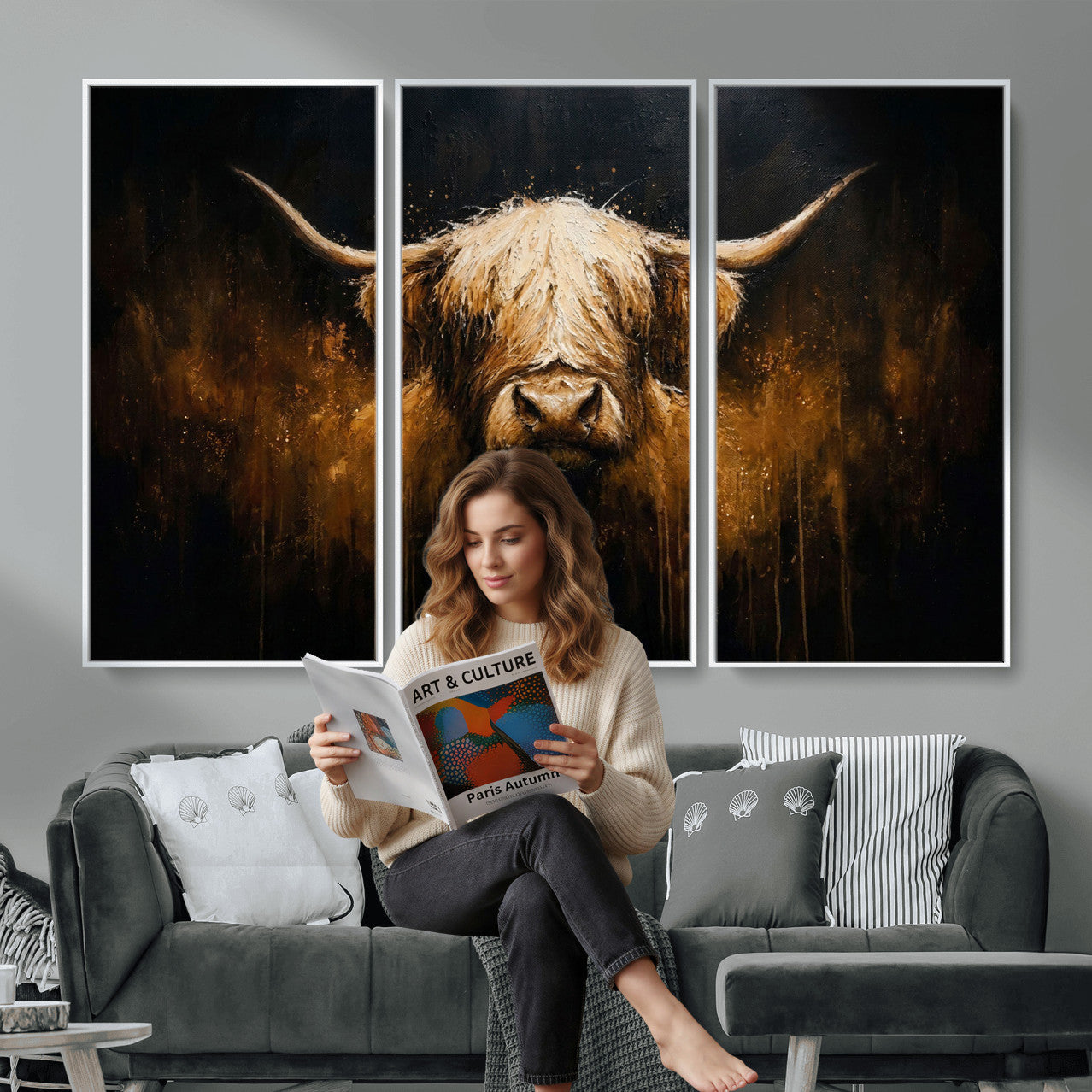79873059-MGV-CV-36X24 - Rustic Highland Cow Canvas Print Dark Farmhouse Cattle Wall Decor