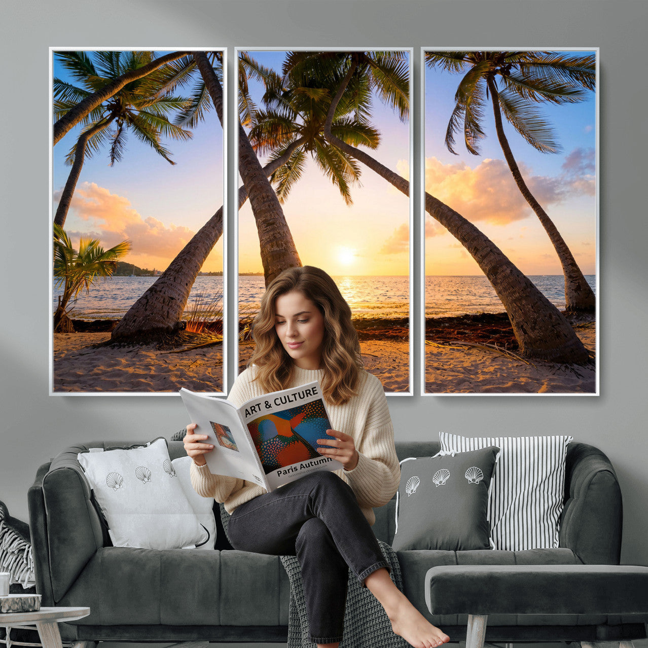 75123213-MGV-CV-36X24 - Tropical Island Coconut Palm Trees Sunset Wall Art Canvas Print - Turquoise Beach Print for Nautical Home Decor