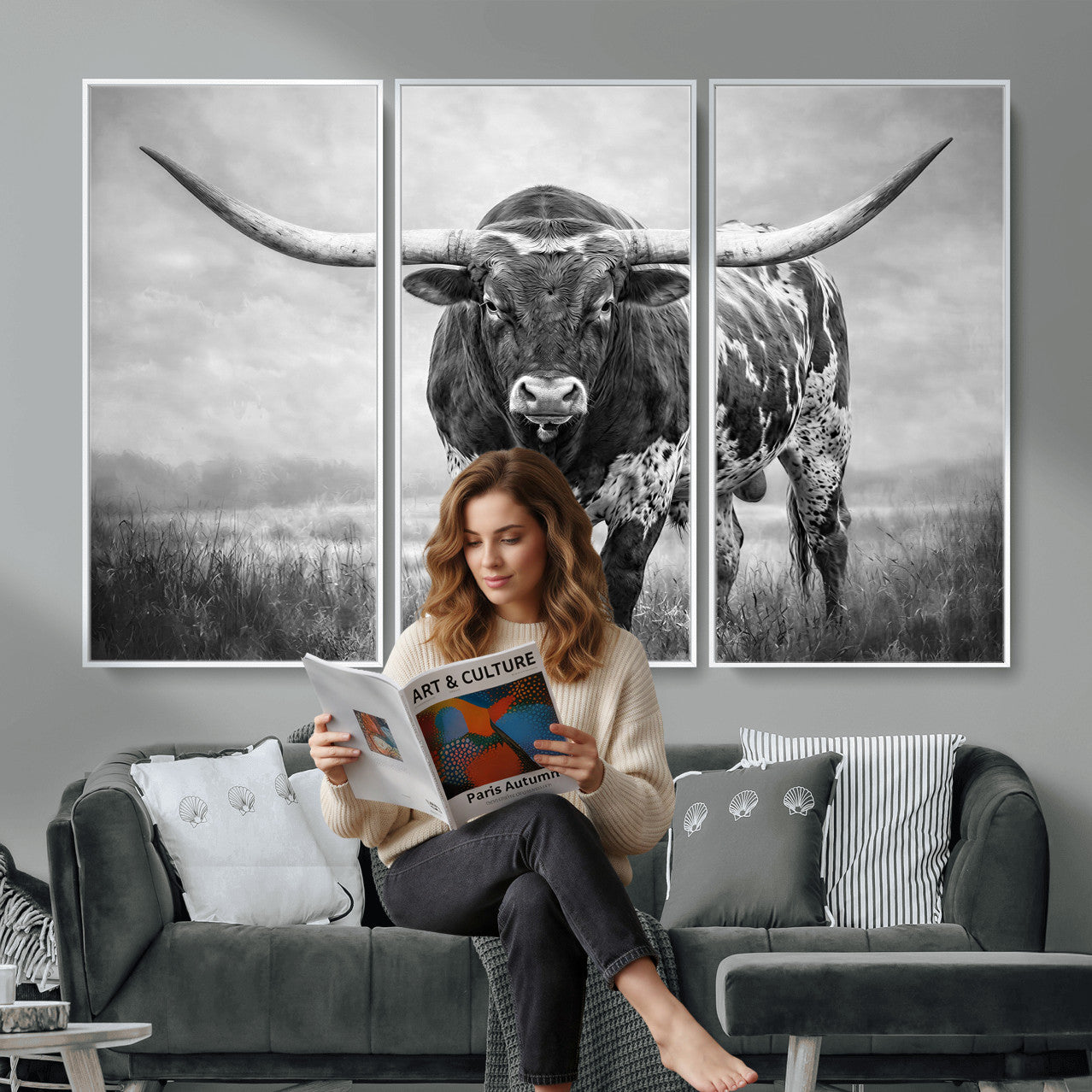 11121585-MGV-CV-36X24 - Texas Bull Wall Art Canvas Print for Farmhouse Restaurant Wall Decor