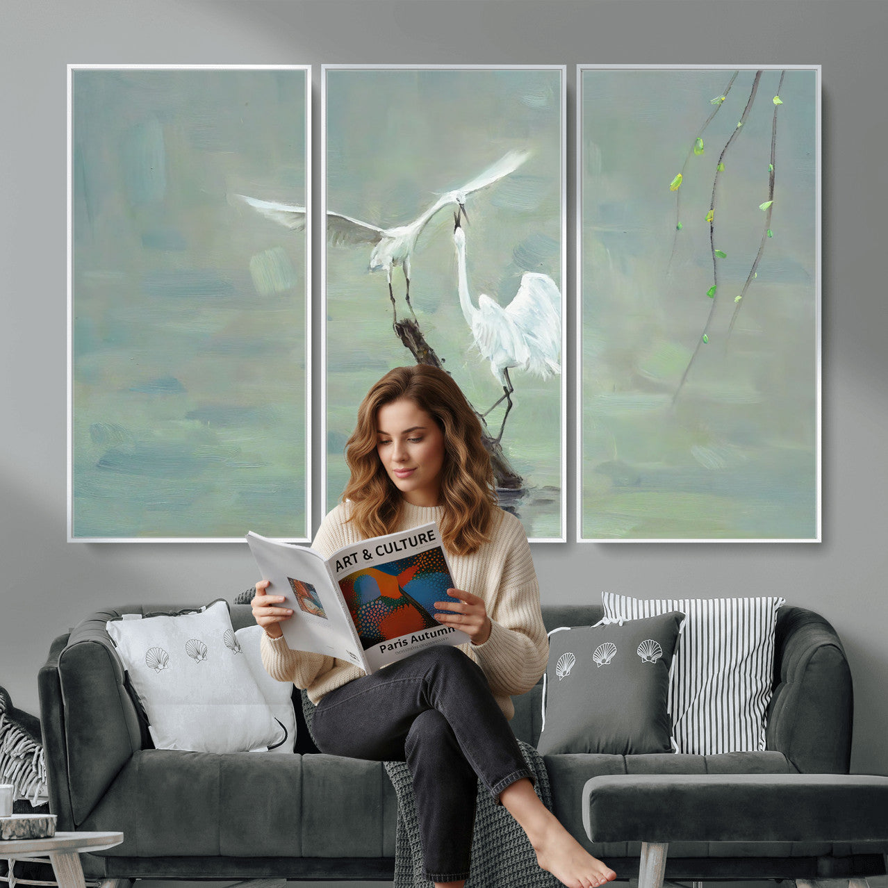 91124838-MGV-CV-36X24 - Two White Egrets on Marsh Branch Wall Art Canvas Print - Vintage Style Coastal Bird Poster