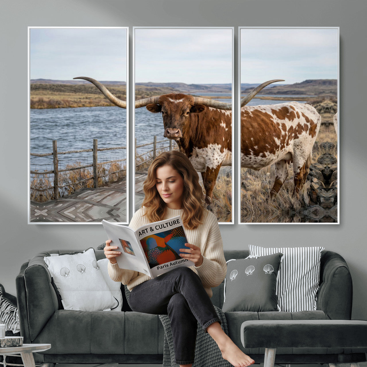 91575949-MGV-CV-36X24 - Texas Longhorn Cattle in Desert Pasture Wall Art Canvas Print - Rustic Western Decor