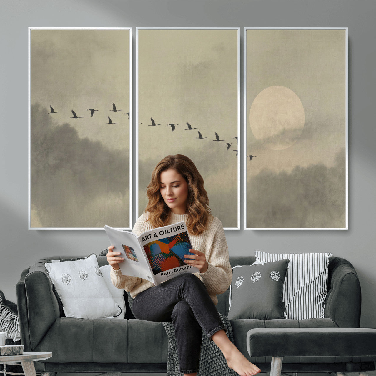 12098149-MGV-CV-36X24 - Flock of Birds Flying to Full Moon Wall Art Canvas Print - Vintage Surreal Clouds Painting