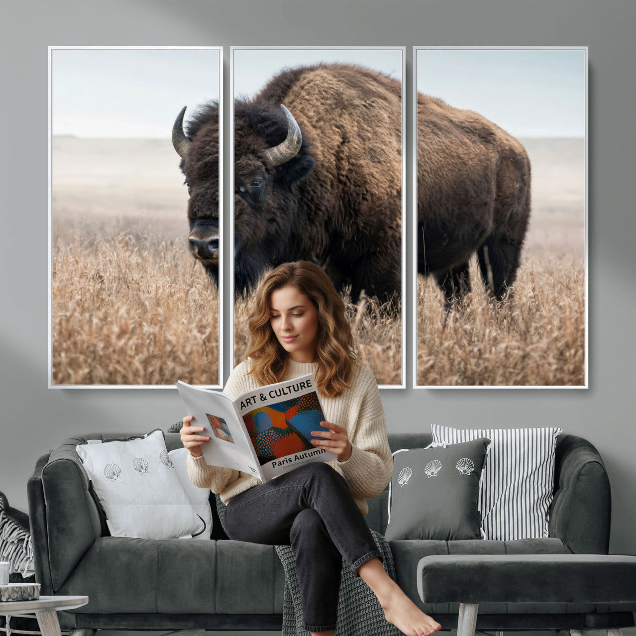 81029583-MGV-CV-36X24 - American Bison in Prairie Field Wall Art Canvas Print - Rustic Wildlife Photography