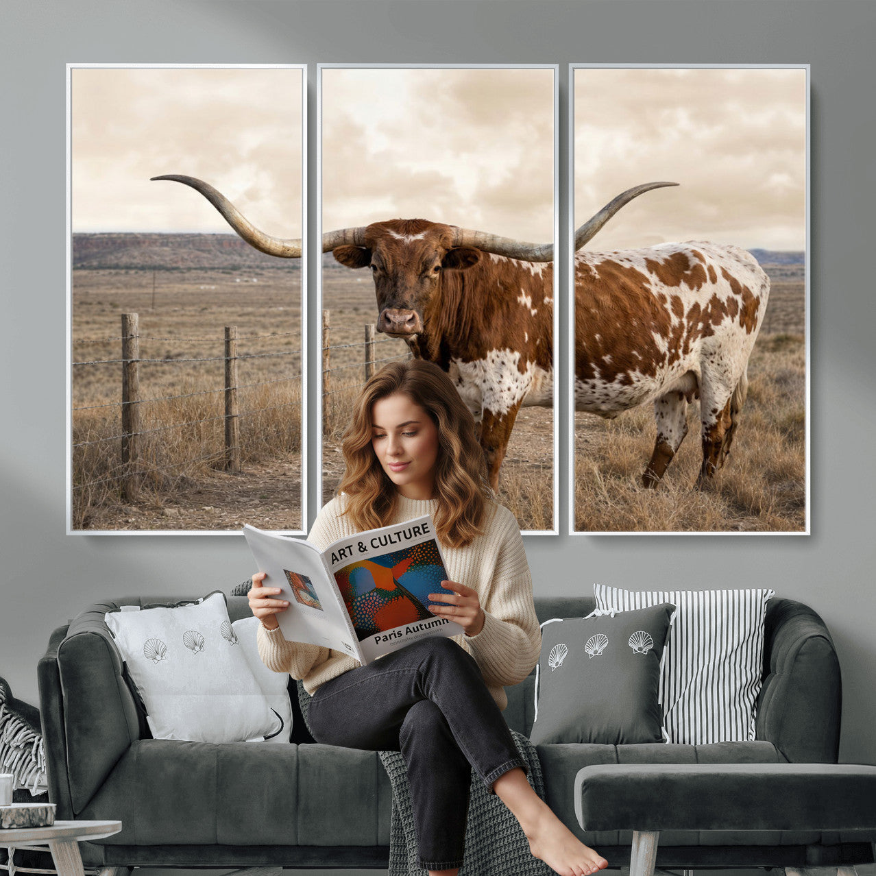 22808364-MGV-CV-36X24 - Texas Longhorn Cattle in Desert Pasture Wall Art Canvas Print - Rustic Western Decor