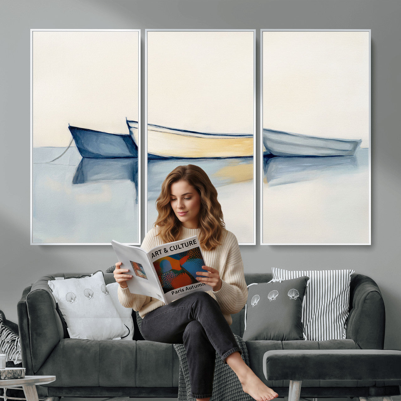 84017361-MGV-CV-36X24 - Abstract Three Boats Reflecting on Water Wall Art Canvas Print - Minimalist Coastal Seascape