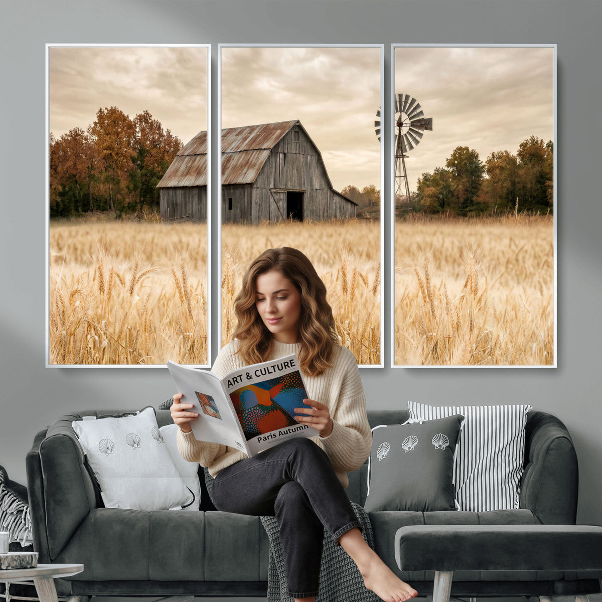 99640659-MGV-CV-36X24 - Rustic Farmhouse Barn and Windmill Wall Art Canvas Print, Country Landscape Photography Print