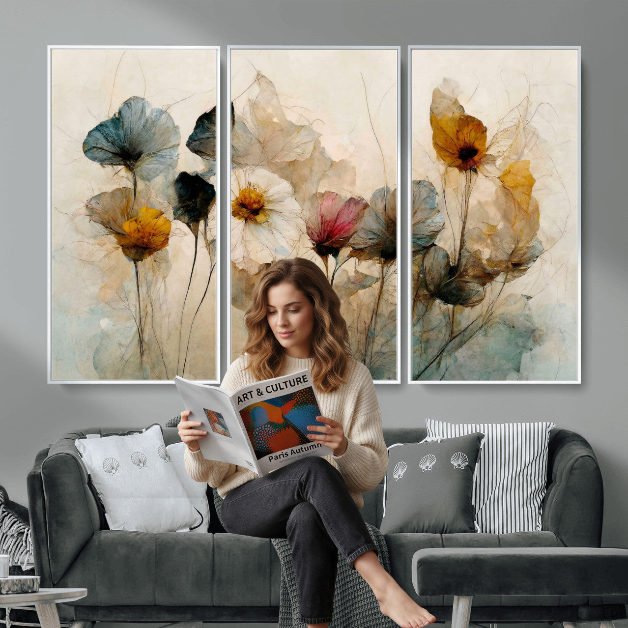 86802229-MGV-CV-36X24 - Vintage Dried Floral Meadow Wall Art Canvas Print, Translucent Watercolor Flowers Painting Print