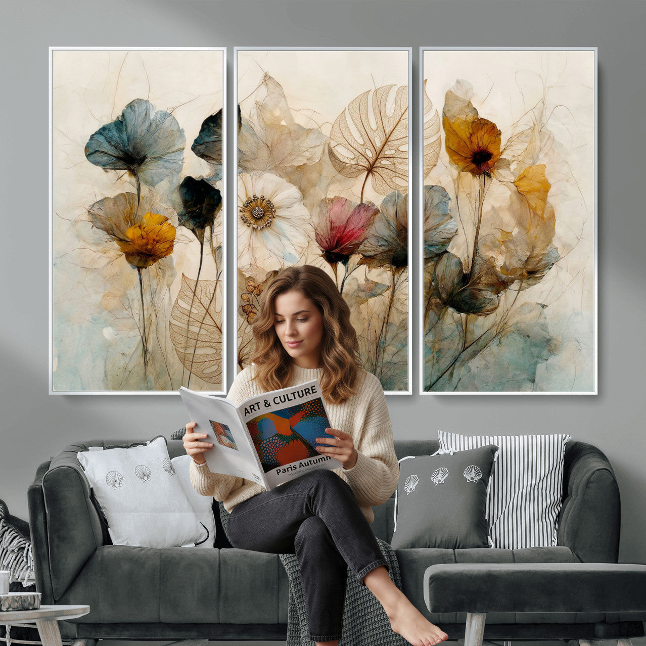 93171612-MGV-CV-36X24 - Vintage Dried Floral Meadow Wall Art Canvas Print, Translucent Watercolor Flowers Painting Print
