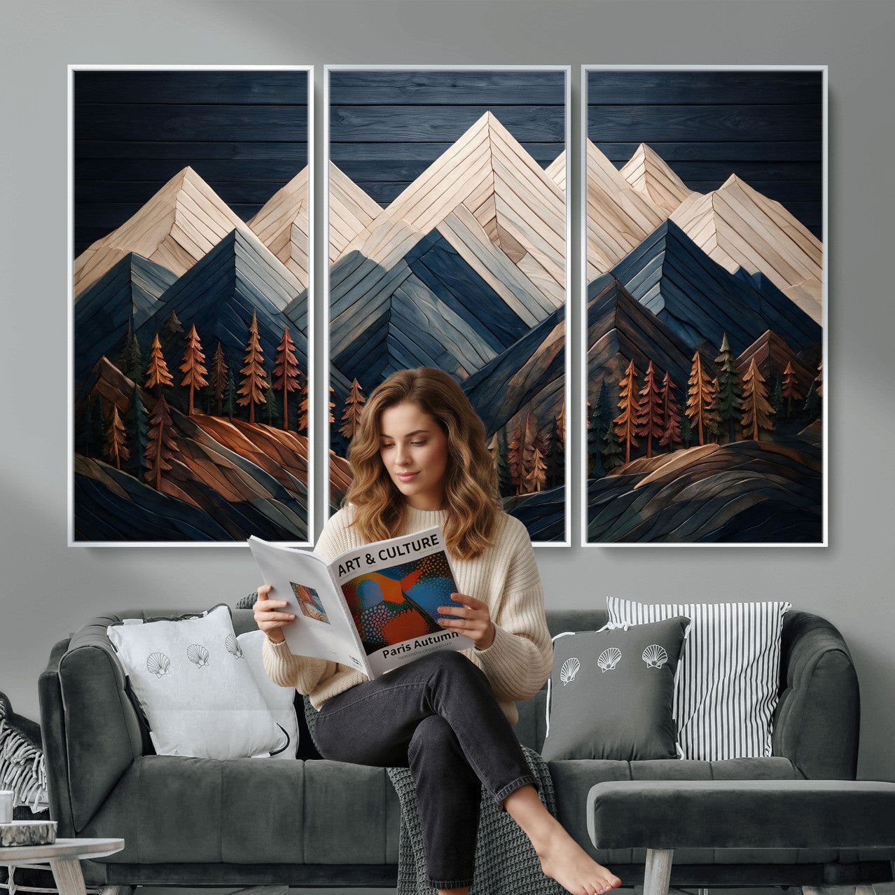 87765072-MGV-CV-36X24 - Geometric Wood Mountain Wall Art Canvas Print, 3D Look Rustic Mosaic Landscape Print