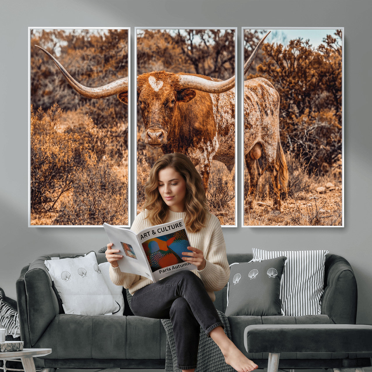 62076449-MGV-CV-36X24 - Texas Cow Bull Longhorn Print for Western Wall Art Decor for Farmhouse