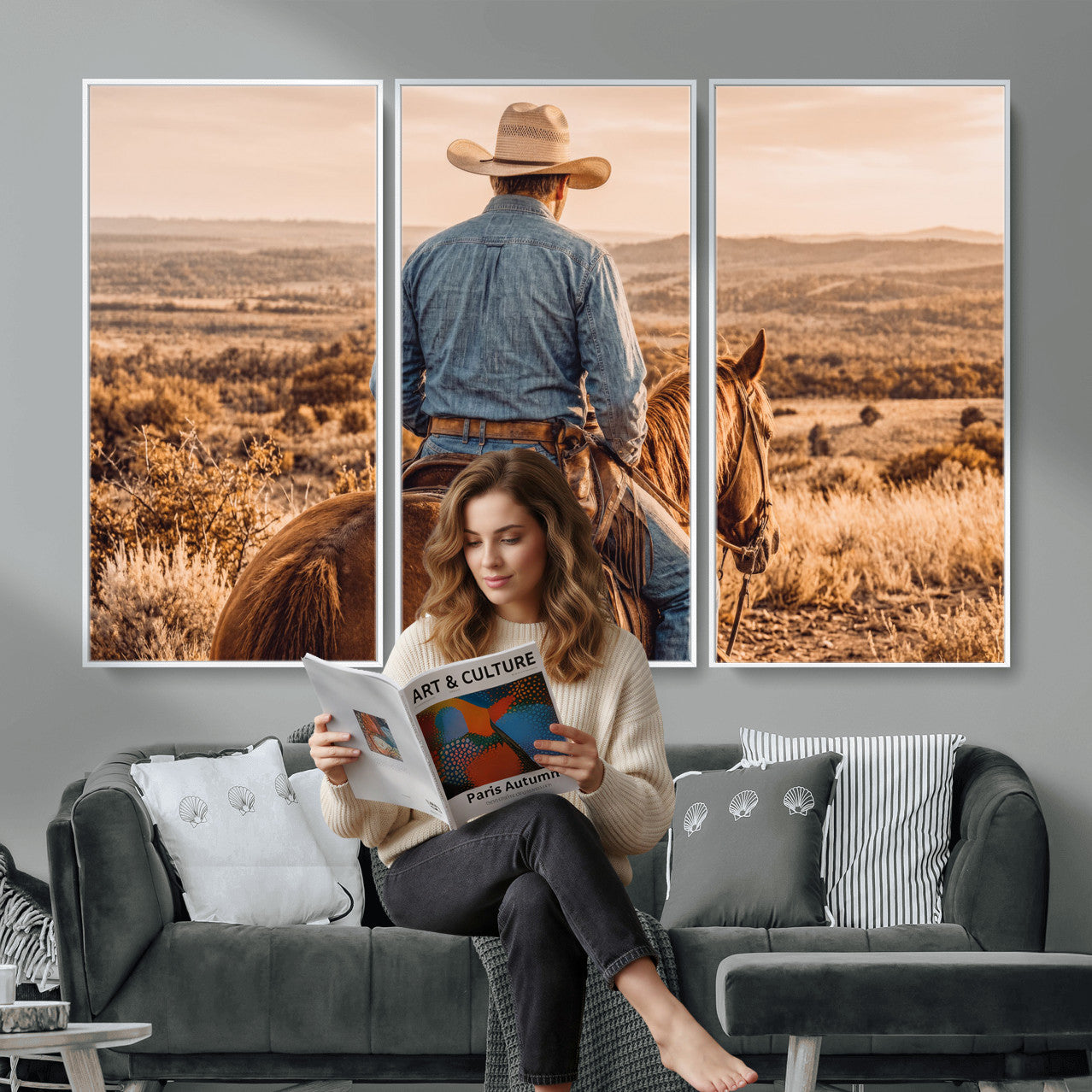 62076449-MGV-CV-36X24 - Texas Cowboy and Horse Print for Western Wall Art Decor for Farmhouse