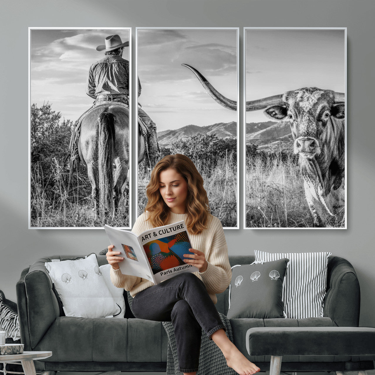 62076449WB-MGV-CV-36X24 - Texas Cowboy and Longhorn Bull Print for Western Wall Art Decor for Farmhouse