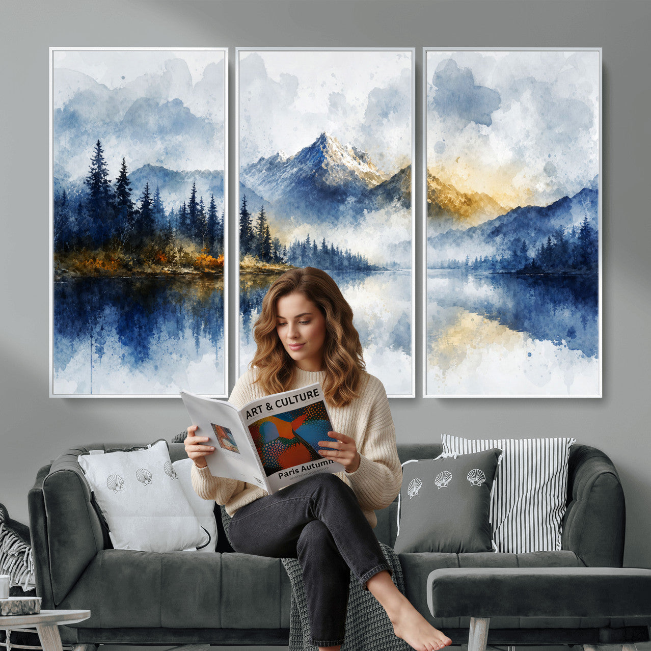 62076449DG-MGV-CV-36X24 - Abstract Watercolor Mountain Lake Wall Art Print for Living Room Decor
