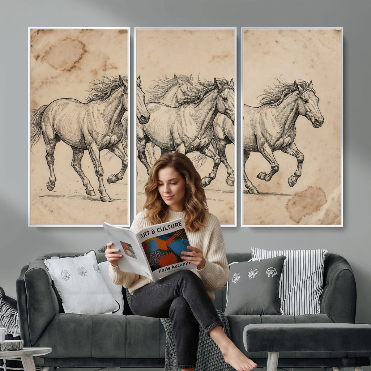 56046981-MGV-CV-36X24 - Sepia Wild Horses Canvas Art, Antique Pencil Drawing Print, Vintage Gallery Wall Decor, Rustic Equestrian Artwork, Traditional Den Gift