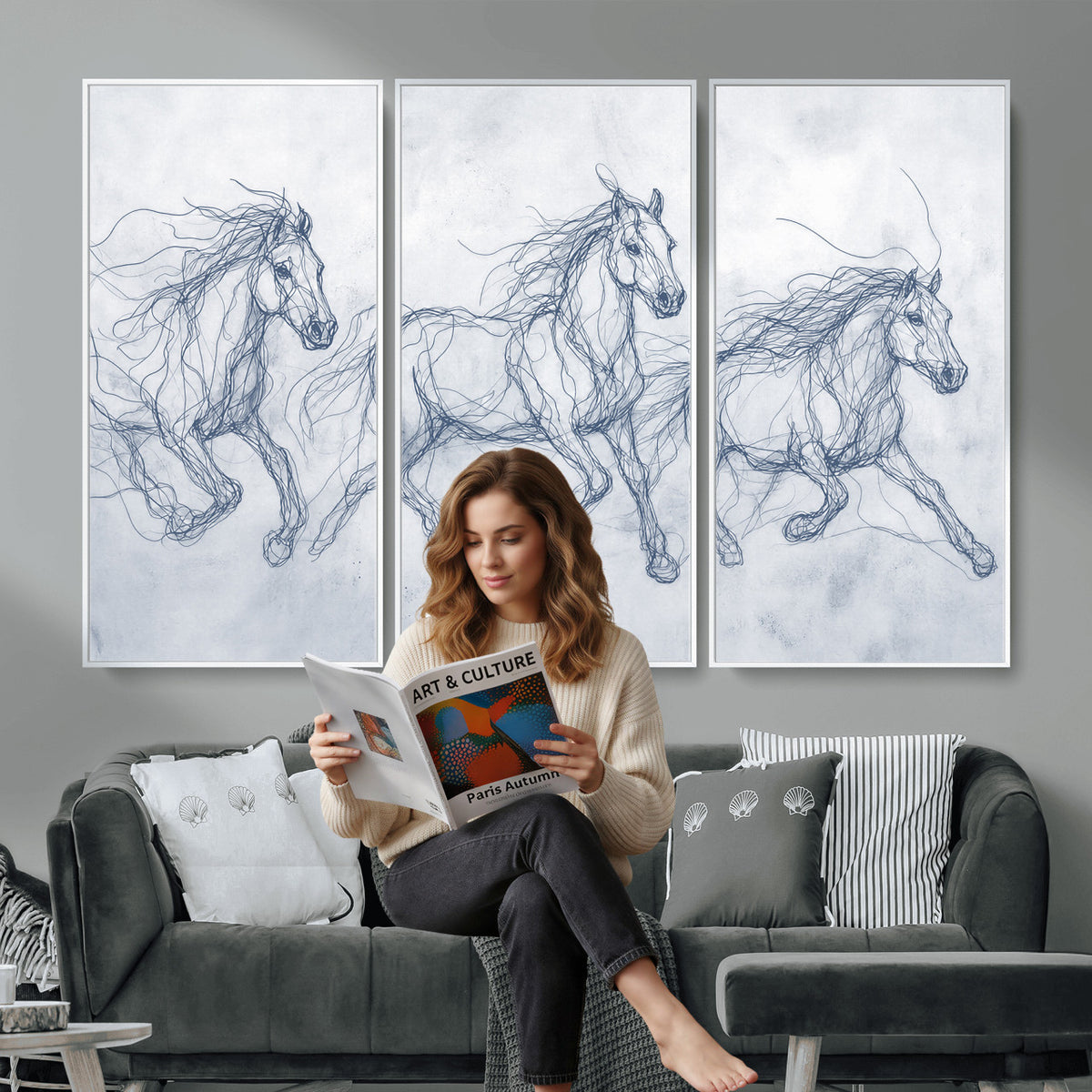 41163601-MGV-CV-36X24 - Indigo Blue Horse Line Art Canvas, Steel Grey Wild Horses Print, Abstract Navy Scribble Artwork, Modern Slate Equine Wall Decor, Coastal Ranch Gift