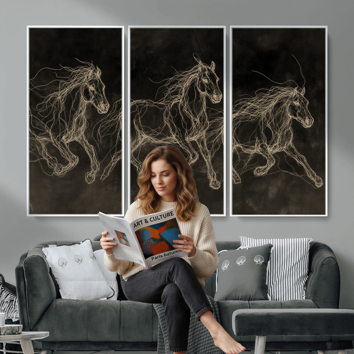 15344242-MGV-CV-36X24 - Dark Horse Line Art Canvas, Gold Scribble Wild Horses Print, Black Chalkboard Wall Art, Modern Luxury Equine Decor, Masculine Office Gift