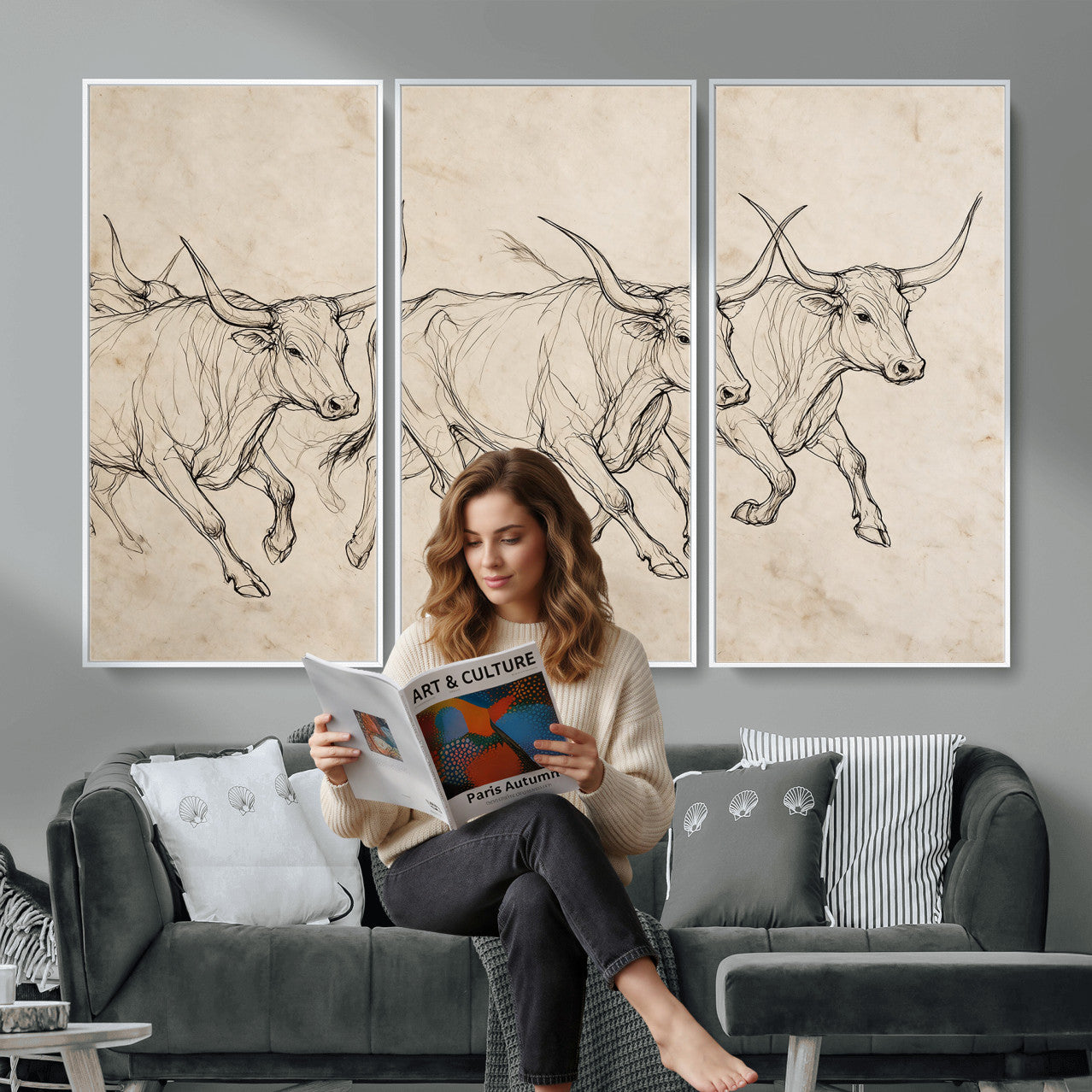 87177621-MGV-CV-36X24 - Minimalist Longhorn Line Art, Modern Texas Bull Canvas Print, Abstract Western Wall Decor, Continuous Line Artwork, Black White Ranch Gift