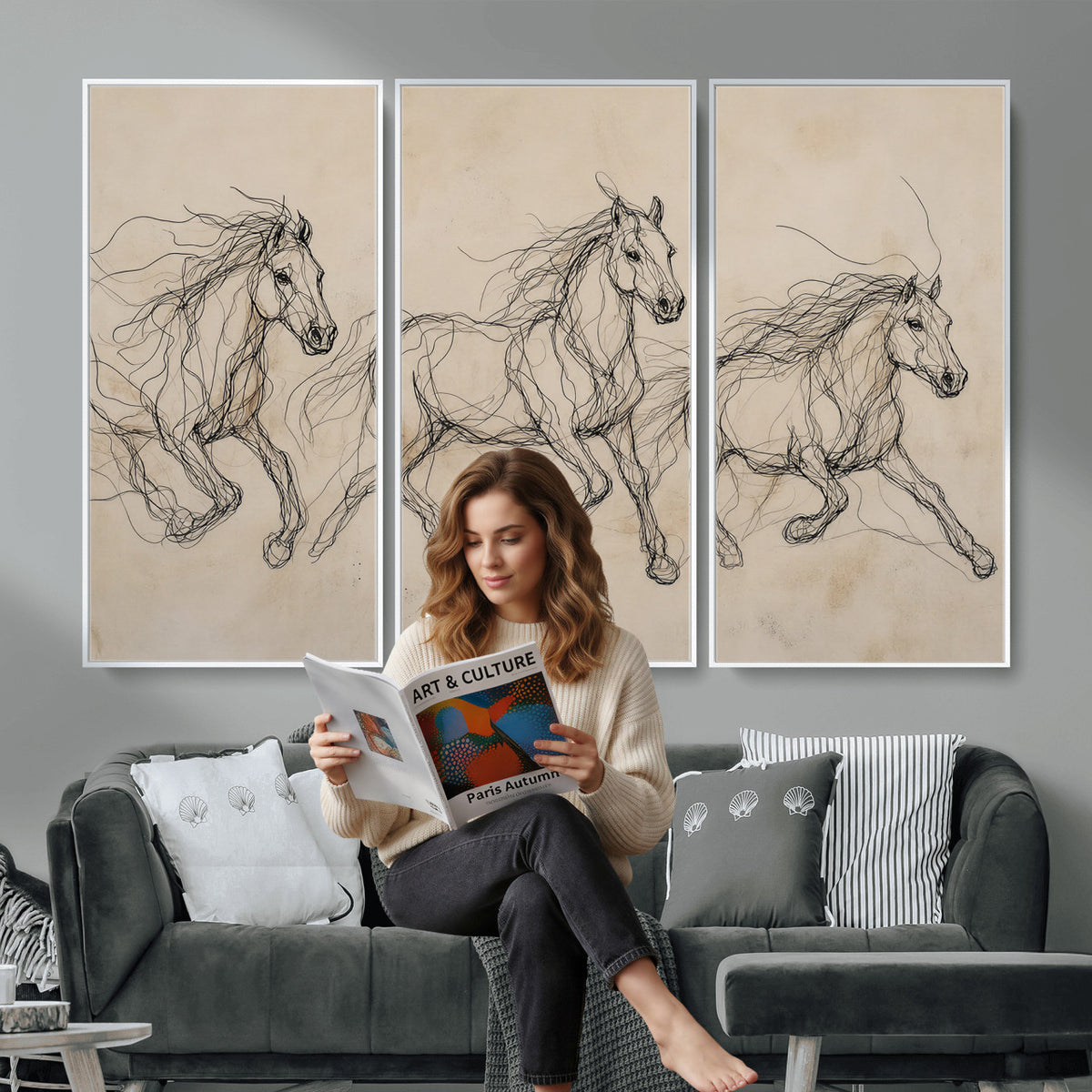 81051673-MGV-CV-36X24 - Abstract Horse Line Art Canvas, Gesture Sketch Wild Horses Print, Modern Scribble Artwork, Minimalist Equine Wall Decor, Rustic Studio Gift