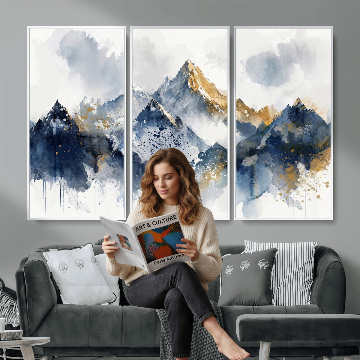 87460616-MGV-CV-36X24 - Abstract Mountain Canvas Wall Art, Blue Gold Foil Landscape Print, Modern Indigo Watercolor Poster, Large Abstract Nature, Luxury Office Gift