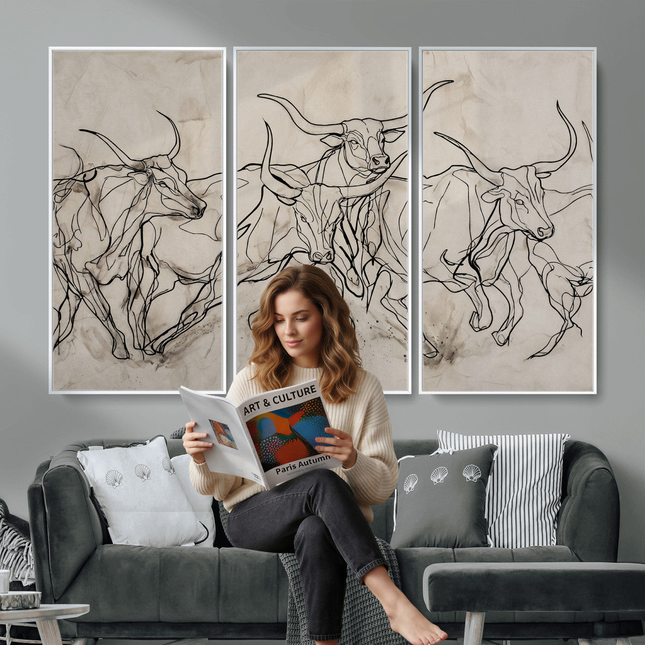 16671245-MGV-CV-36X24 - Minimalist Longhorn Line Art, Modern Texas Bull Canvas Print, Abstract Western Wall Decor, Continuous Line Artwork, Black White Ranch Gift