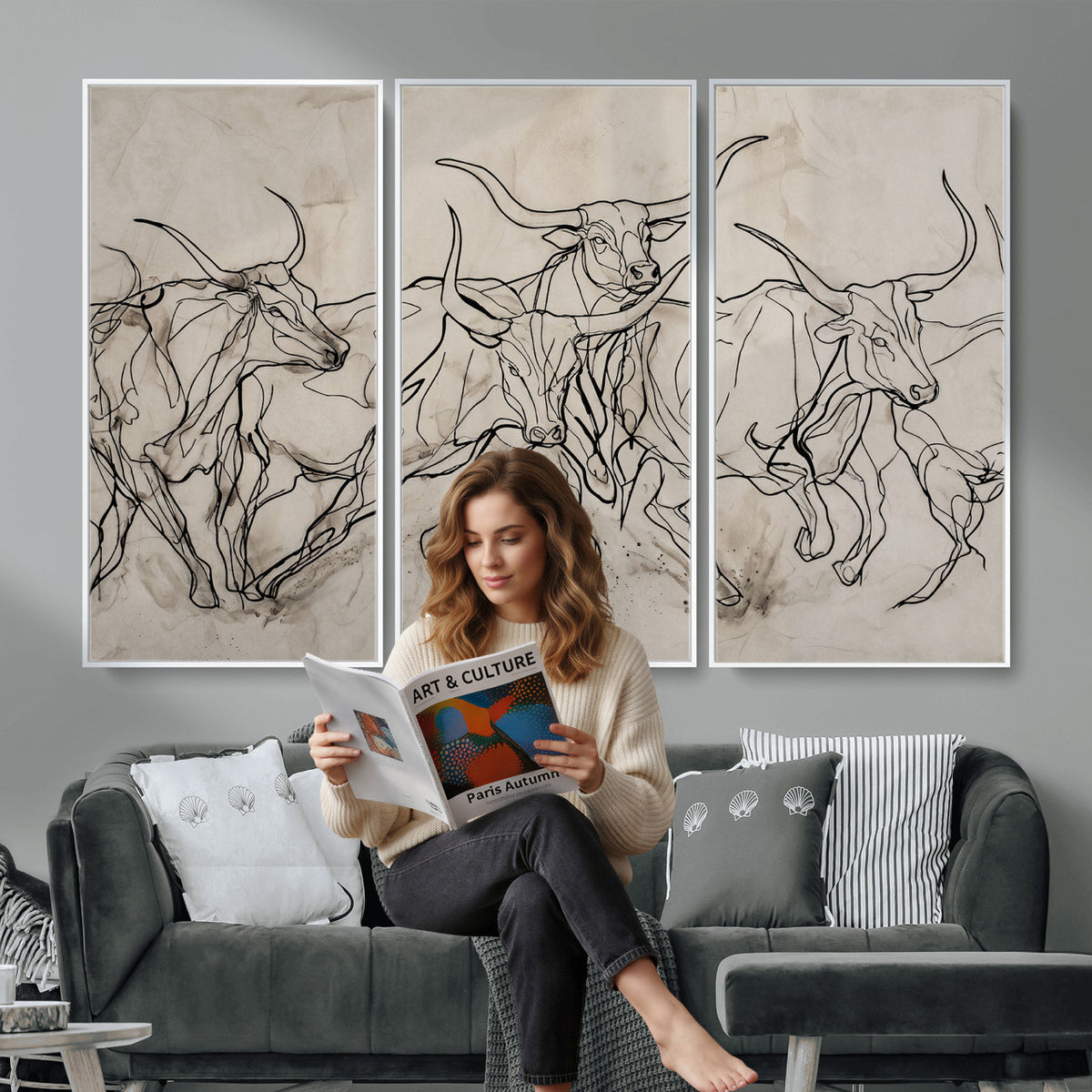 16671245-MGV-CV-36X24 - Minimalist Longhorn Line Art, Modern Texas Bull Canvas Print, Abstract Western Wall Decor