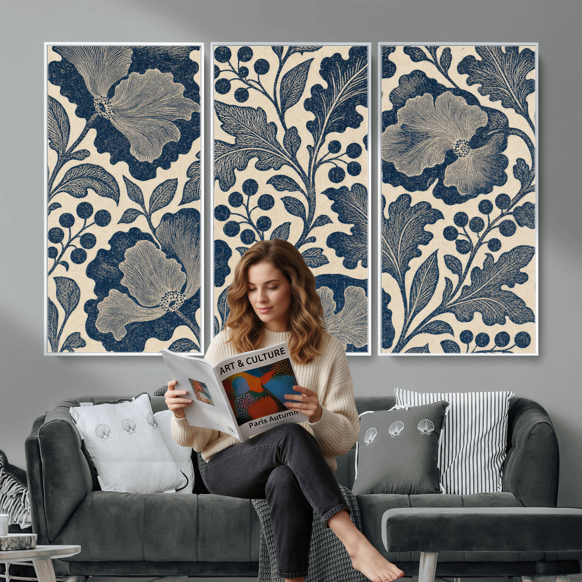 23824002-MGV-CV-36X24 - William Morris Style Navy Blue Floral Wall Art Canvas Print, Vintage Cream Botanical Painting Print