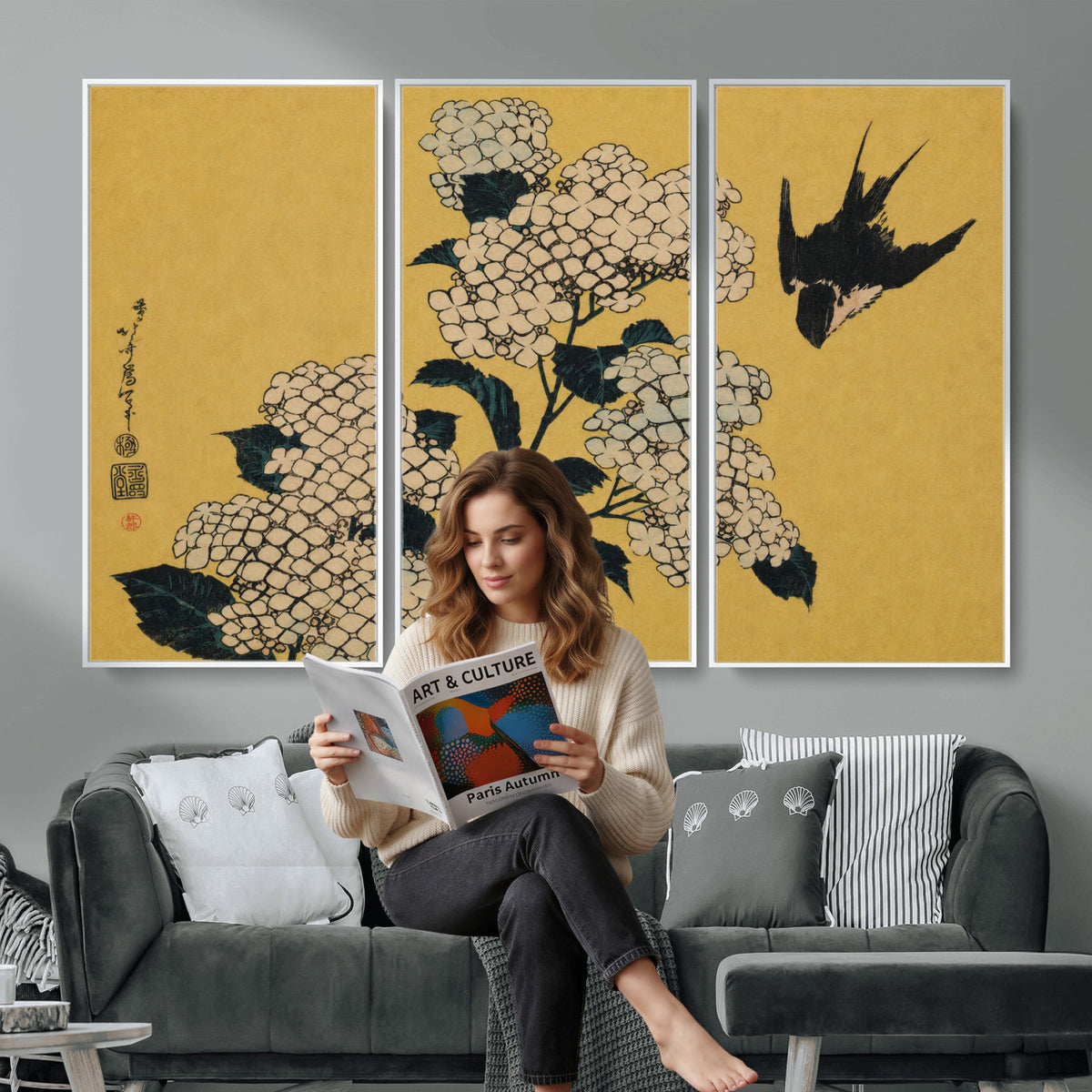 92483501-MGV-CV-36X24 - Katsushika Hokusai Hydrangea and Swallow Wall Art Canvas Print, Japanese Woodblock Painting Print