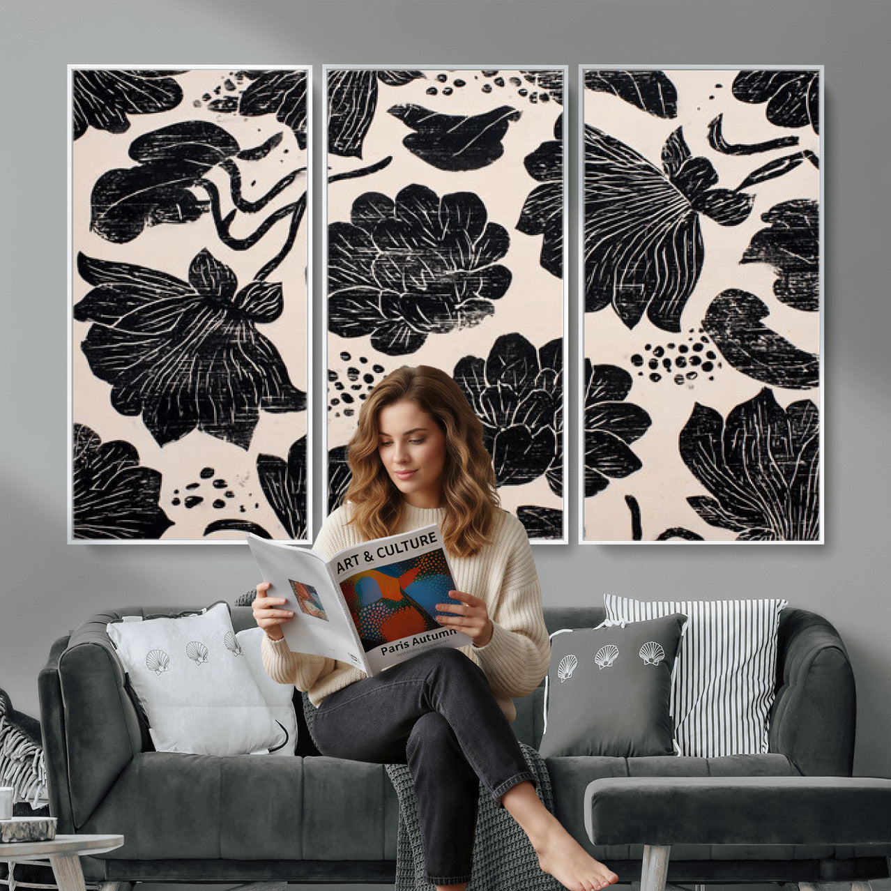 81787117-MGV-CV-36X24 - Linocut Black Lotus Floral Wall Art Canvas Print, Vintage Monochrome Botanical Painting Print