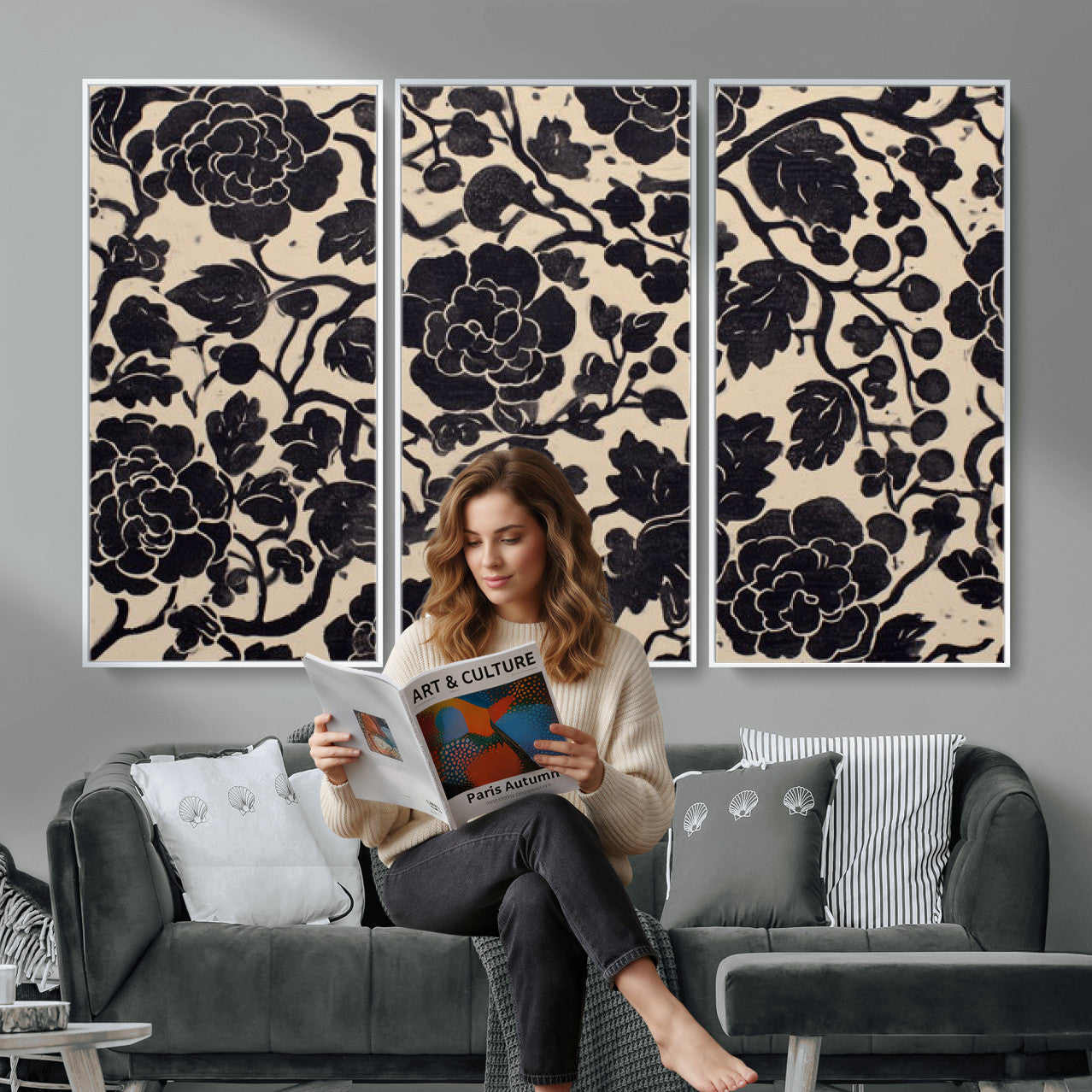 86696255-MGV-CV-36X24 - Vintage Black and Cream Floral Wall Art Canvas Print, Chinoiserie Botanical Painting Print