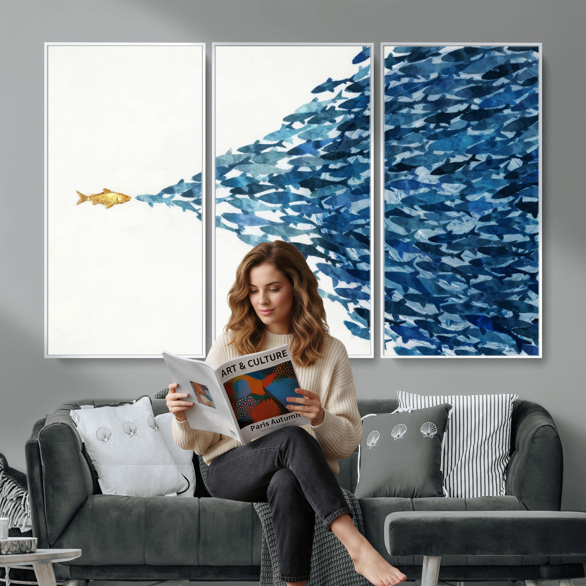 79089639-MGV-CV-36X24 - Abstract Blue Fish School Canvas Wall Art, Gold Foil Accent Marine Print