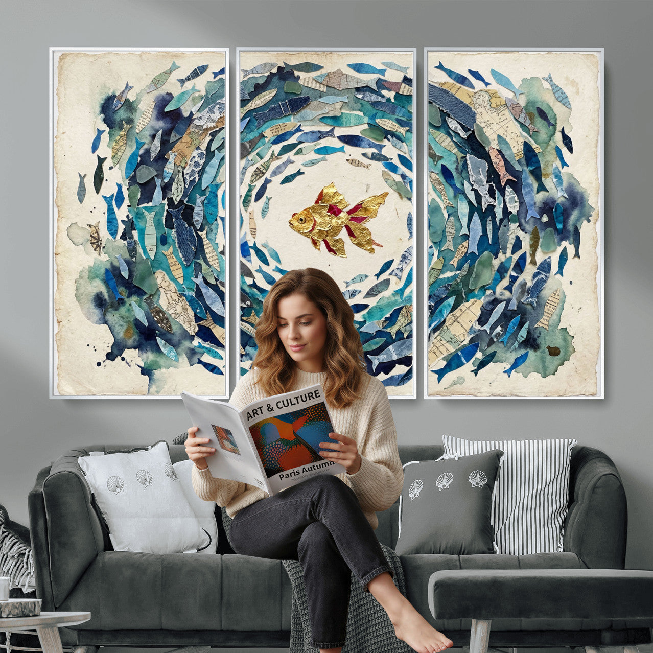 73165663-MGV-CV-36X24 - Mixed Media Blue Fish Swirl Canvas Wall Art, Goldfish Collage Ocean Print