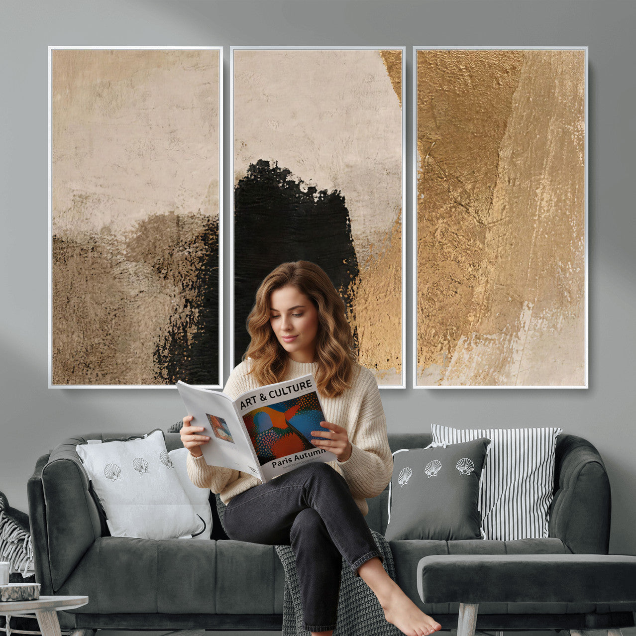 36003778-MGV-CV-48X32-3P - Mid Century Modern Geometric Canvas Wall Art, Abstract Triptych Print
