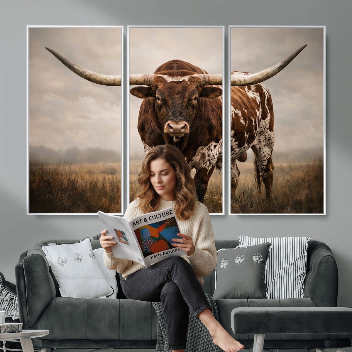 25239047A-MGV-CV-36X24 - Texas Longhorn Canvas Wall Art Western Bull Desert Moody Grey Overcast Rustic Farmhouse Framed Large for Living Room Bedroom Office Decor