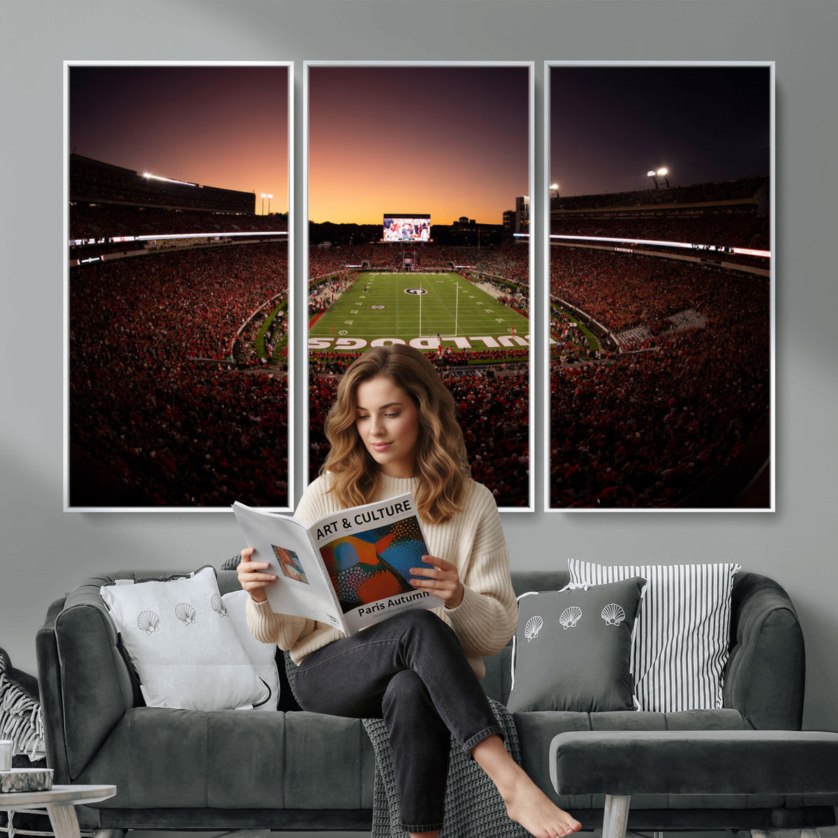 97720998-_Poster-30x20 - Georgia Bulldogs Stadium Sunset Canvas Print 3 Piece Framed Wall Art Extra Large Floating Frame Sports Poster Made in USA