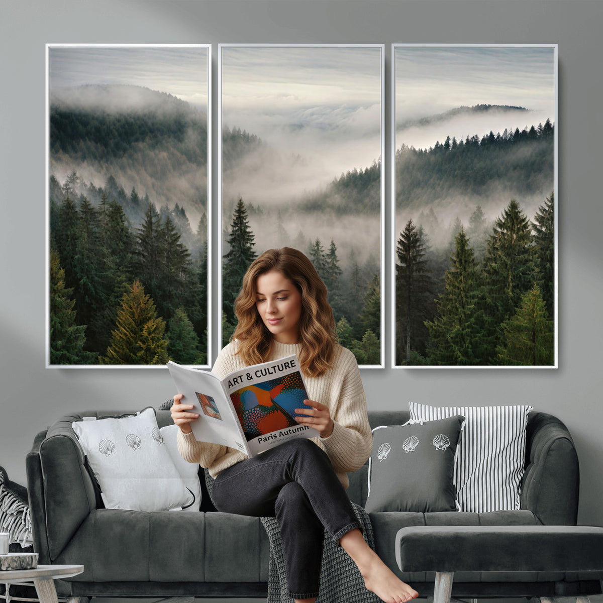 38409495-_Poster-30x20 - Misty Pine Valley Mountain Canvas Print 3 Piece Framed Wall Art Extra Large Floating Frame Nature Poster Made in USA
