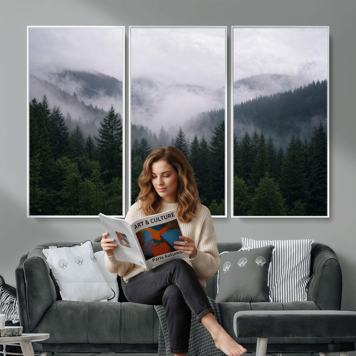 25432119-_Poster-30x20 - Misty Mountain Pine Forest Canvas Print 3 Piece Framed Wall Art Extra Large Floating Frame Nature Poster Made in USA