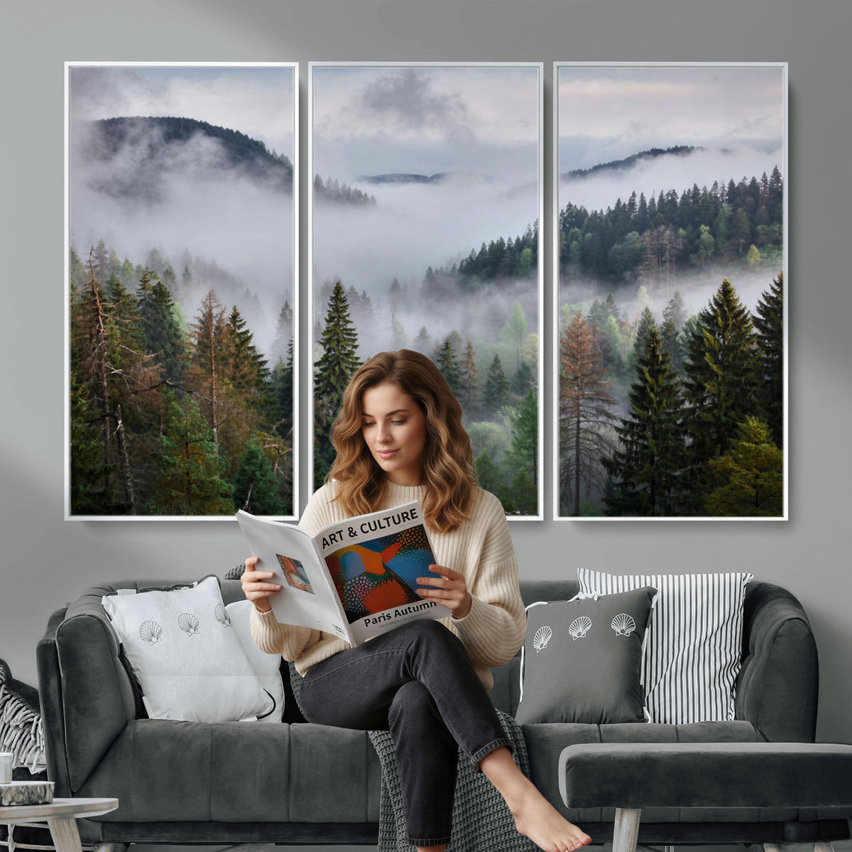 18735847-_Poster-30x20 - Foggy Pine Forest Mountain Canvas Print 3 Piece Framed Wall Art Extra Large Floating Frame Nature Poster Made in USA