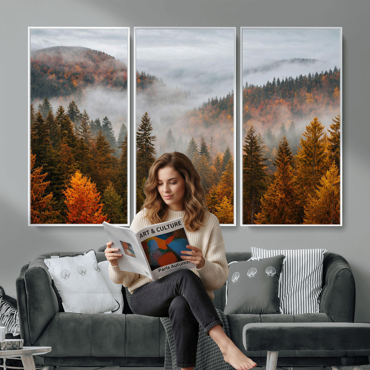 87481341-_Poster-30x20 - Foggy Autumn Mountain Canvas Print Smoky Pine Forest Wall Art Panoramic Nature Poster 3 Piece Made in USA