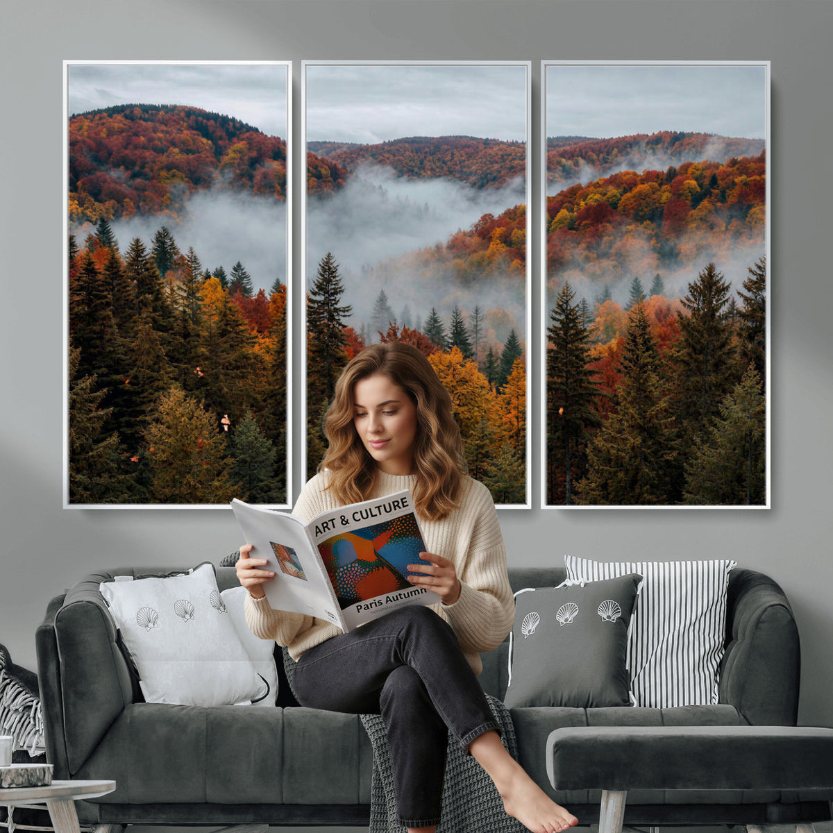 26686263-_Poster-30x20 - Misty Autumn Forest Mountain Canvas Print 3 Panel Wall Art Gallery Wrapped Floating Frame Poster Made in USA