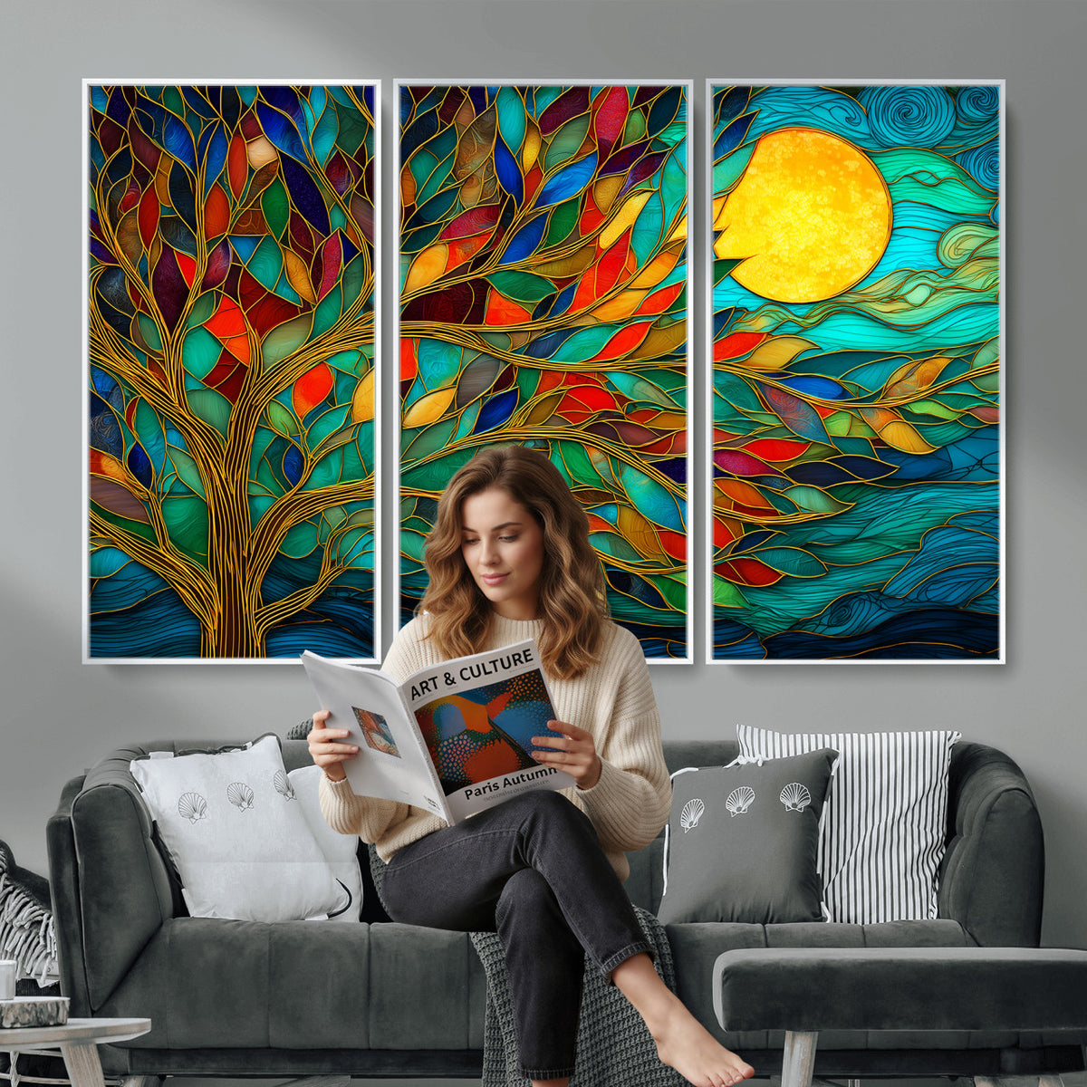 11877152-MGV-CV-36X24 - Stained Glass Tree Of Life Wall Art - Vibrant Mosaic Nature Home Decor