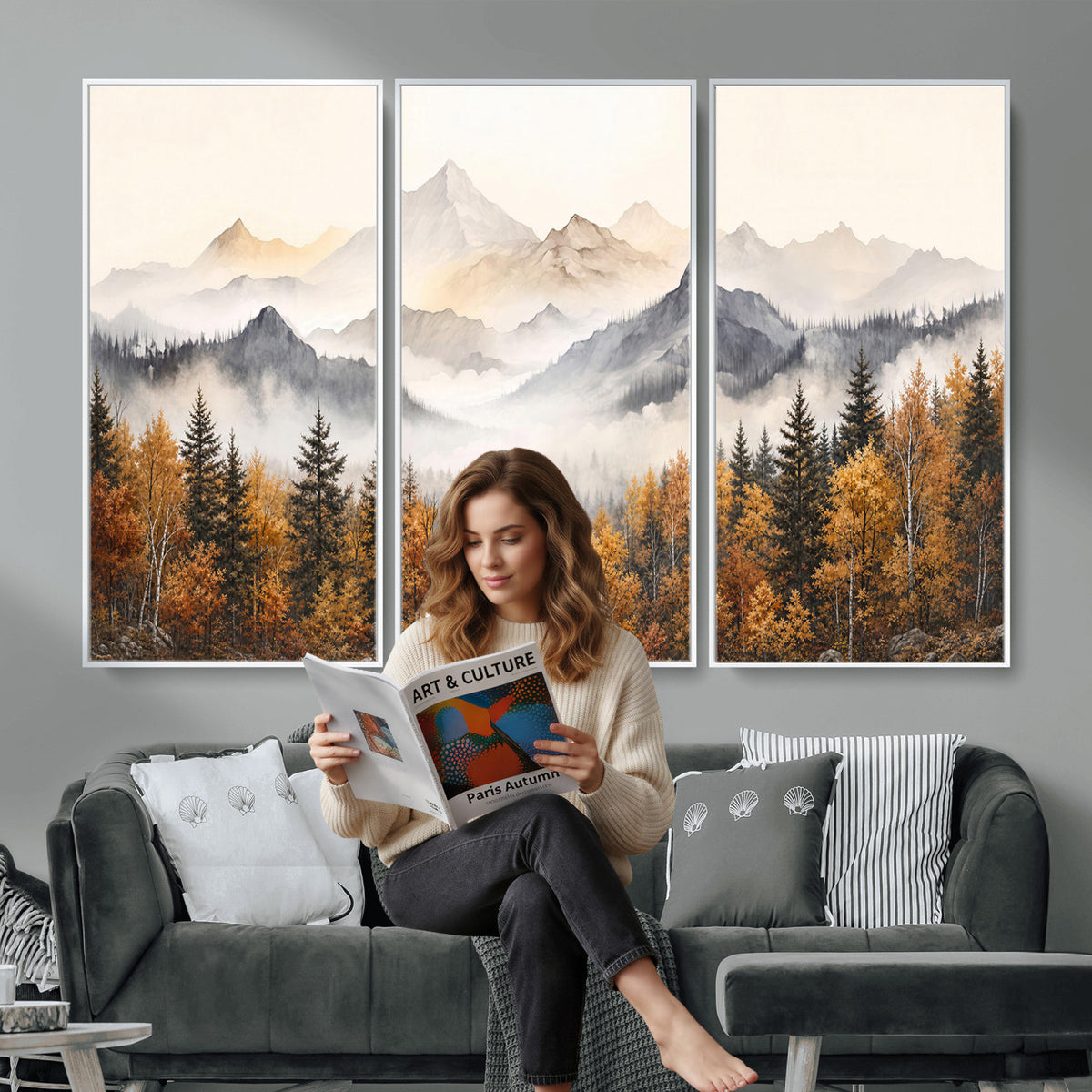 19544118-MGV-TP-30X20 - Misty Mountain Autumn Forest Canvas Wall Art - Watercolor Fall Nature Landscape Print