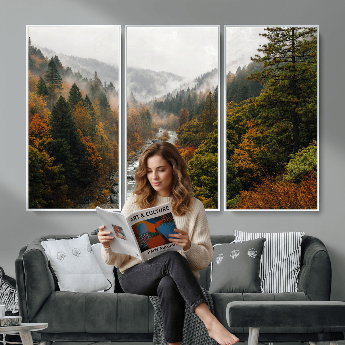 95540697-MGV-TP-30X20 - Misty River Mountain Valley Canvas Wall Art - Autumn Forest Landscape Nature Print