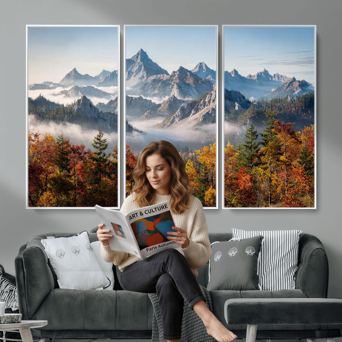 38847944-MGV-TP-30X20 - Majestic Mountain Peak Canvas Wall Art - Panoramic Autumn Forest Fog Landscape Print