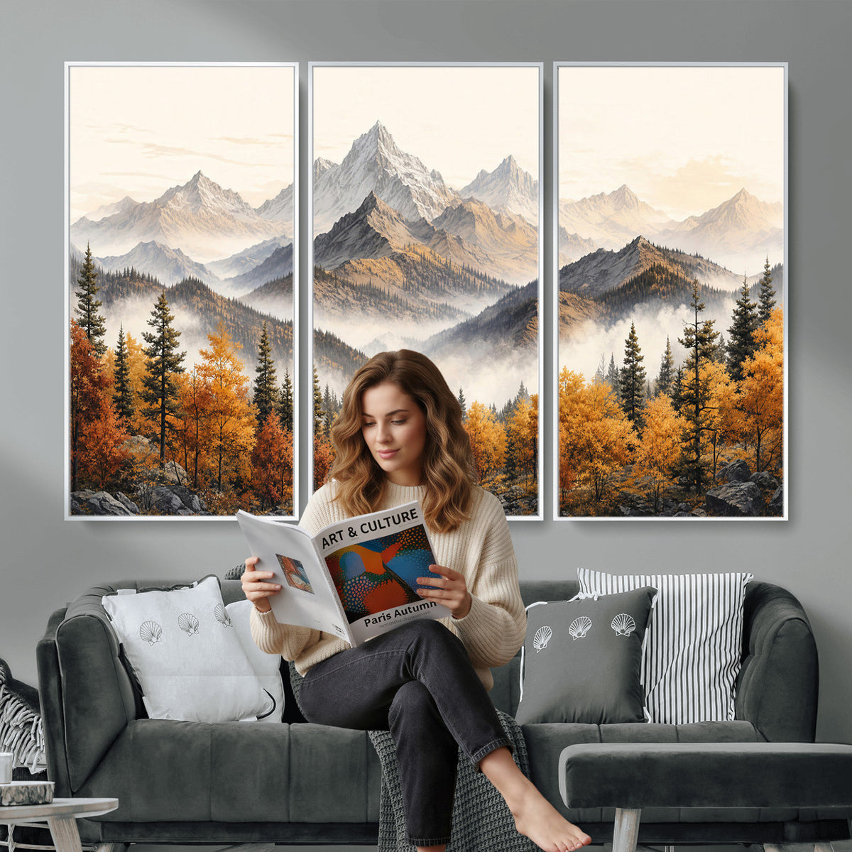 21309099-MGV-TP-30X20 - Extra Large Misty Mountain Autumn Forest Canvas Wall Art - Watercolor Fall Nature Landscape Print