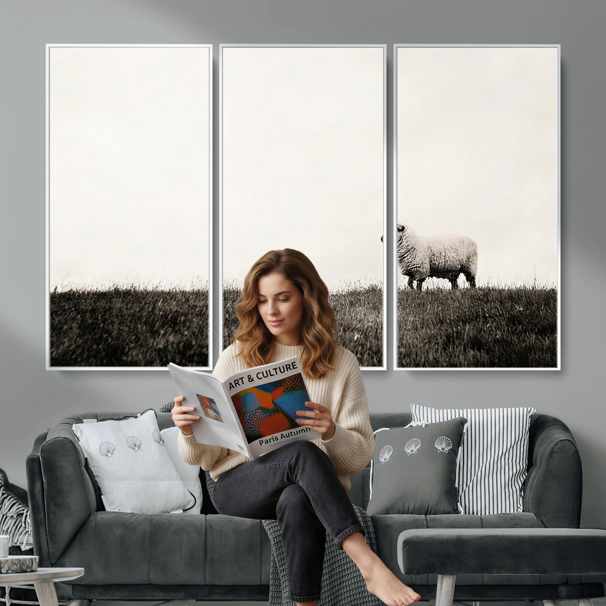 72749448-MGV-TP-30X20 - Minimalist Sepia Sheep Canvas Wall Art - Rustic Farmhouse Country Landscape Print